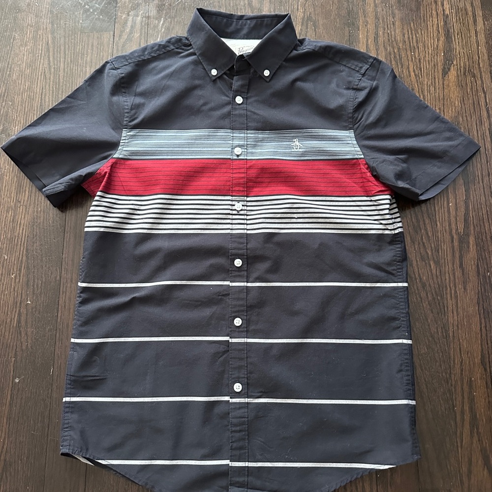 Penguin Men's Navy and Red Striped Shirt